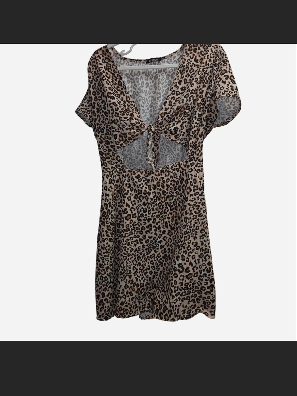 Boohoo Plus Beige and Black Leopard Tie-Front Mini Dress